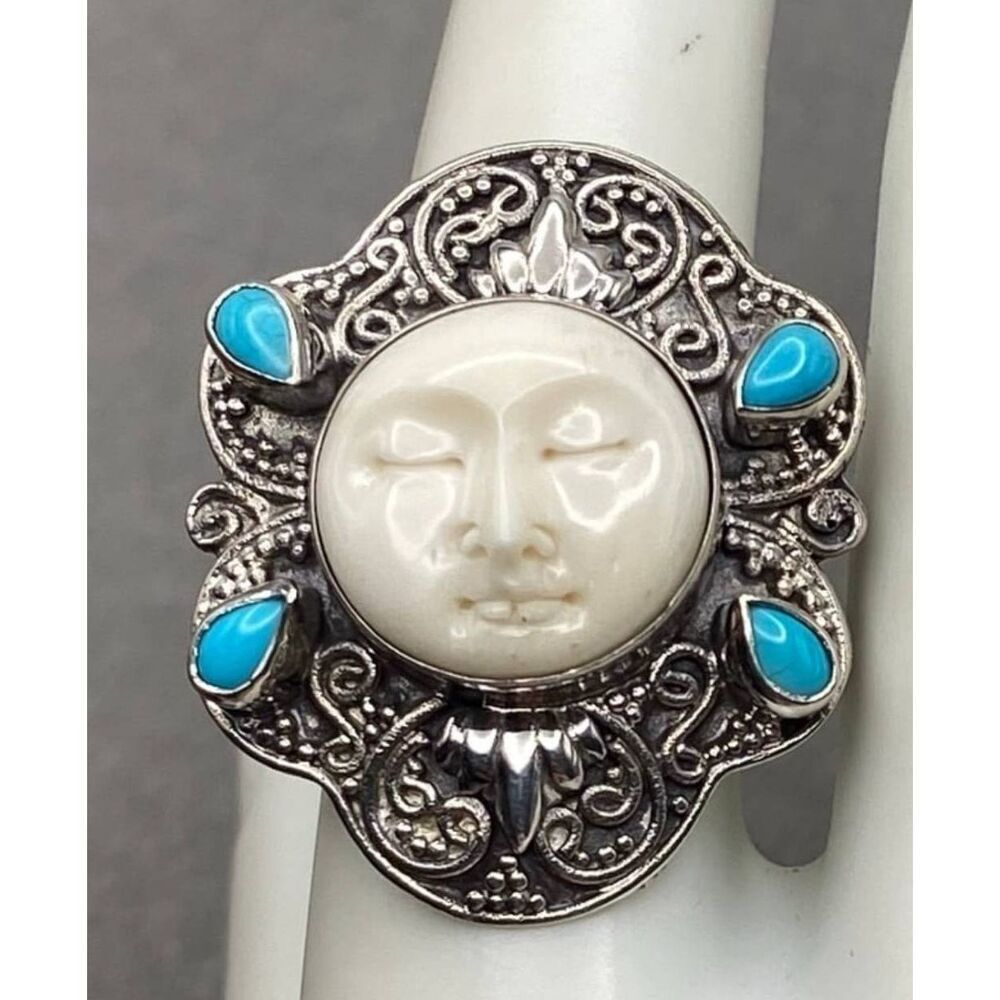 NWT STS Signed 925SS Carved Bone & Sleeping Turquoise Goddess Ring Sz 8/8.5